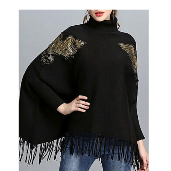 Coeur De Vague Sweaters - Coeur De Vague Embroidered Fringe Poncho Cloak NWT